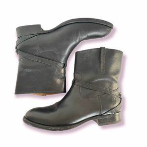 Frye Lindsay Plate Black Leather Moto Short Boots 8.5